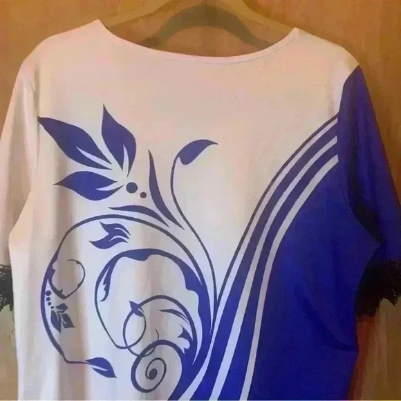 rosegal plus size tops 1X Blue With Lace Short Sleeve Crew Neck - Picture 11 of 13